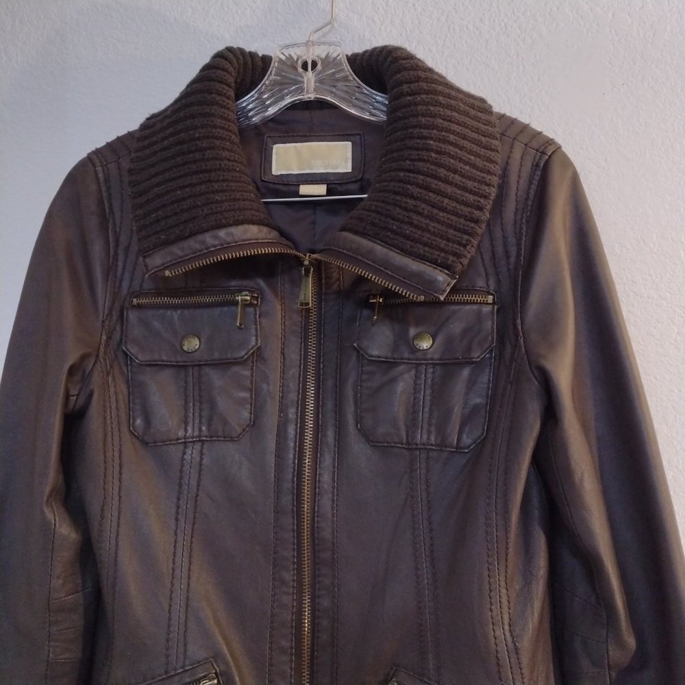 Michael Michael Kors | Brown Leather Jacket | Zip Front - Picture 6 of 15